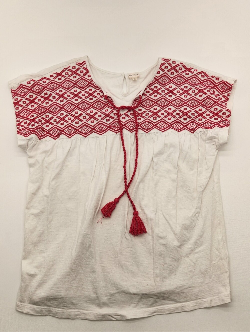 Keep In Touch Women’s Large White Red Embroidered Boho Peasant Top Tassel Cotton